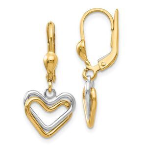 Two Tone Double Heart Lever Back Earrings in 14k Gold